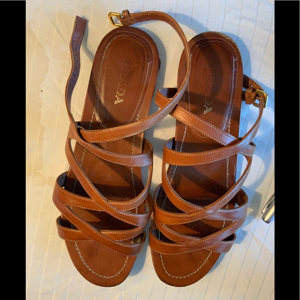 Prada leather flat tan sandals size 11